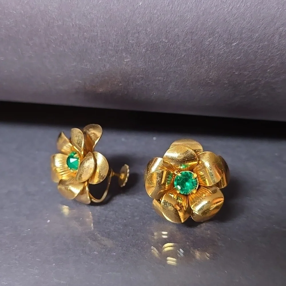 Coro Gold Tone 3D Flower Earrings with Green Stone